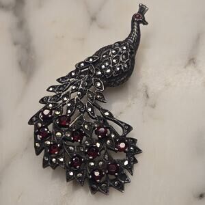Vintage Sterling Silver Marcasite & Garnet Peacock Brooch Pin